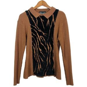 Vintage 80s Rochelle California Ribbed Knit Sweater Wool Blend Animal Brown - L